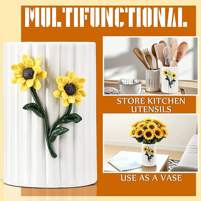 LemonRoad Ceramic Utensil Holder - 3D Sunflower Kitchen Decor, Countertop Cooking Tool Storage Crock for Spatulas, Whisks, Vase Decor Pen Holder Graduation Gift for College Students Storage Caddy