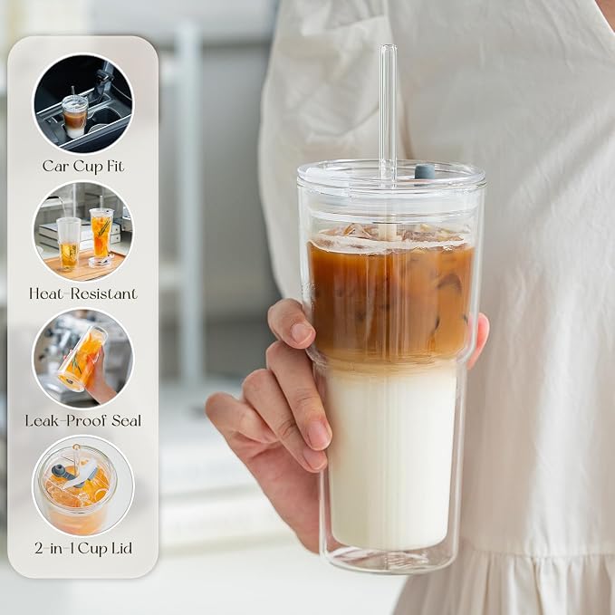 KEMORELA 20oz Double Wall Glass Tumblers 4‑Pack with Lids & Straws | Insulated Clear Drinking Glasses for Iced Coffee, Matcha, Smoothies | Reusable Cups for Family & Parties