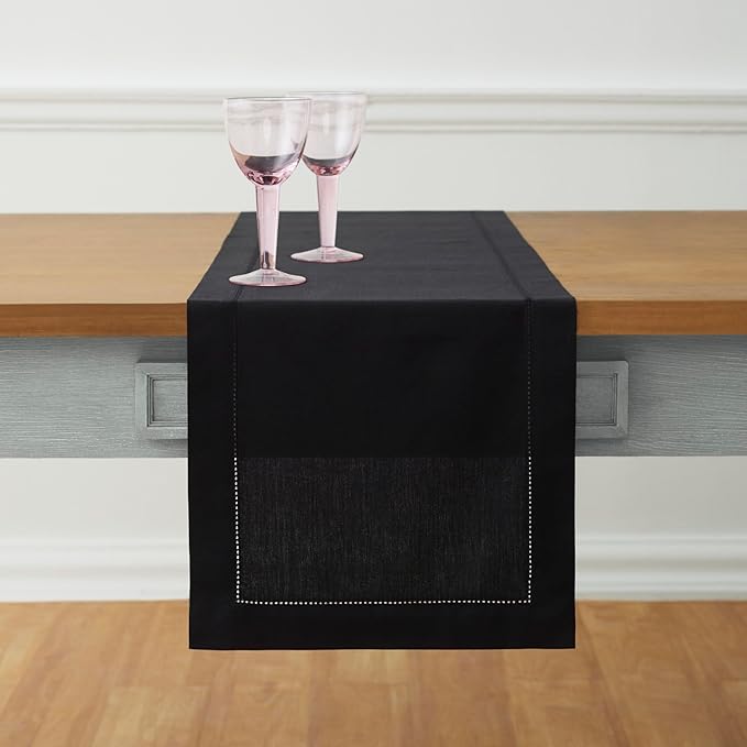 Solino Home Black Table Runner 90 Inches Long - Cotton Linen Hemstitch 14 x 90 Inch Table Runner for Dining, Spring, Summer