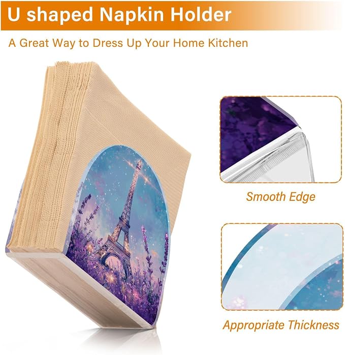 Napkin Holder Acrylic Napkin Holder for Table Kitchen Party Restaurant U Shaped Upright Napkin Dispenser Organizer Lavender Eiffel Tower Purple