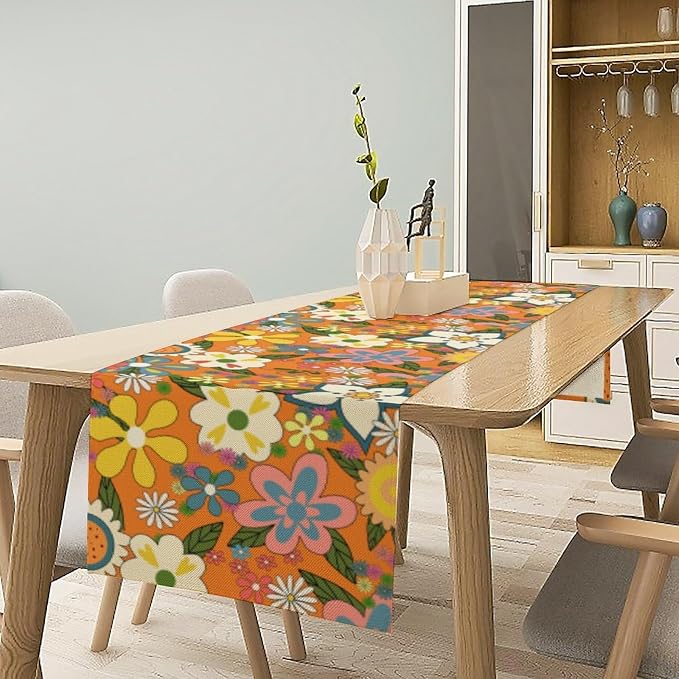Retro Floral Table Runner,Vintage 70s Hippie Summer Groovy Daisy Flower Table Runner for Home Kitchen Dining Table Party Holiday Decor 13"x90"