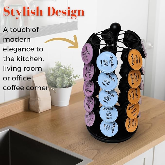Coffee Capsule Holder – Pod Holder Compatible with K-Cup Pods – Durable and Elegant Pods Carousel for Kitchen Counters and Coffee Cart - Coffee Pod Holder for 35 Pods – 14.5 x 6.75-inch