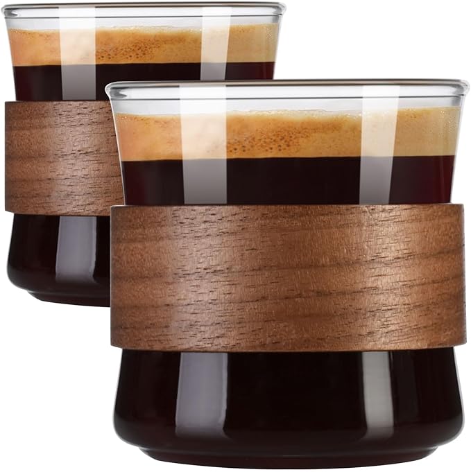 PARACITY Espresso Cups Set of 2 with Wooden Ring, 8 OZ High Borosilicate Espresso Shot Glass, Clear Small Expresso Shots Cup, Espresso Accessories