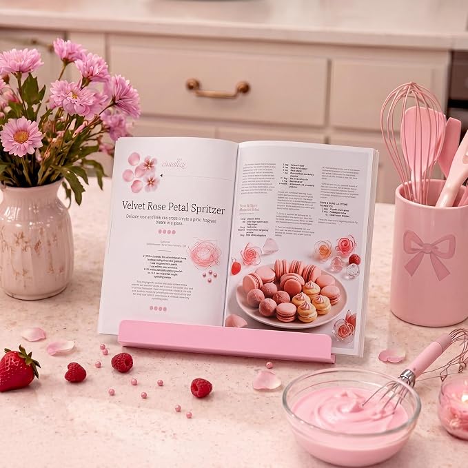 Hushee Pink Bow Cookbook Stand for Kitchen Counter Solid Wood Recipe Book Holder Coquettish Kitchen Decor Pink Countertop Book Holder Rack for Recipes Housewarming Gift, 18.7x8.7 Inch