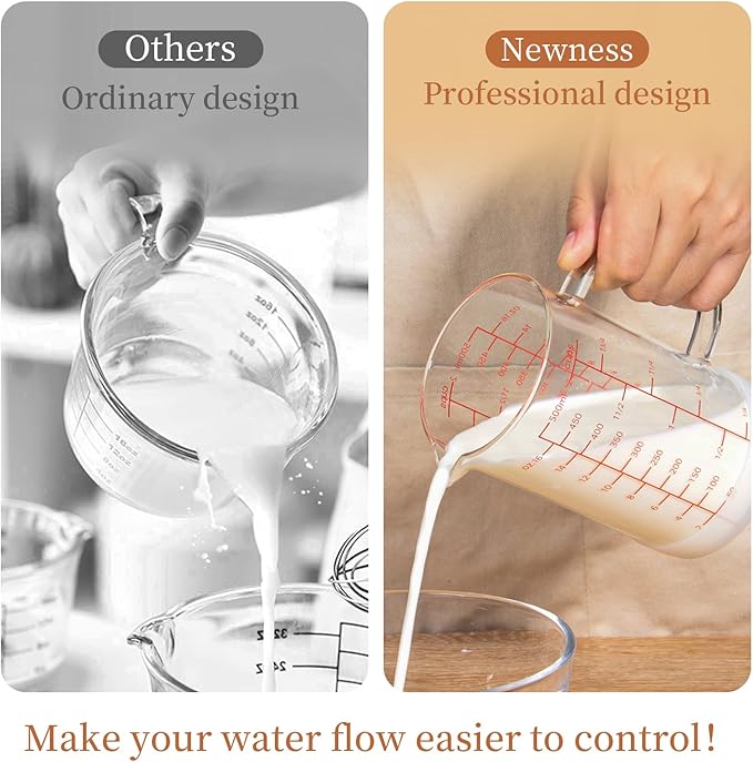 Newness Glass Measuring Cup with Handle, 500 ML (0.5 Liter, 2 Cup) Double-Sided Scale Measuring Cup with Three Scales (OZ, Cup, ML/CC) and V-Shaped Spout, Measuring Beaker for Kitchen or Restaurant