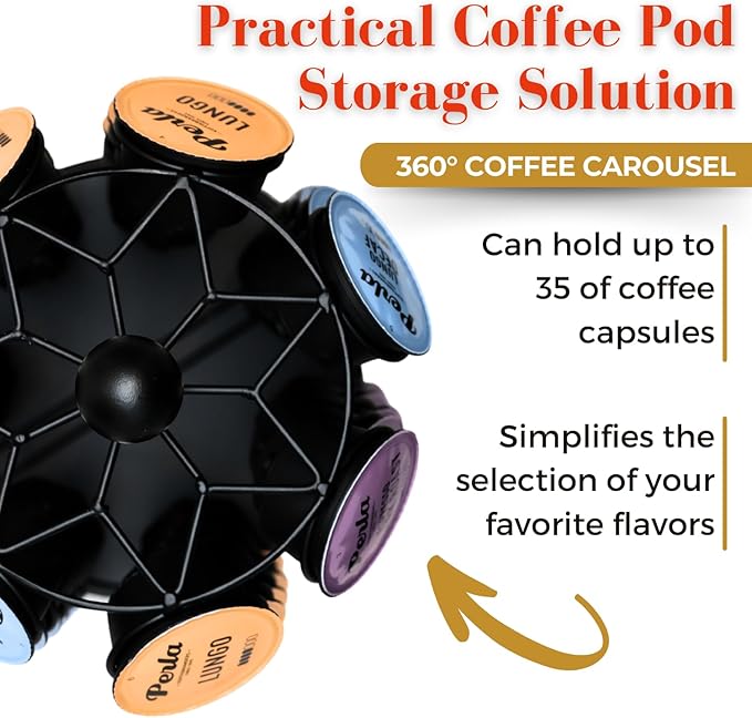 Coffee Capsule Holder – Pod Holder Compatible with K-Cup Pods – Durable and Elegant Pods Carousel for Kitchen Counters and Coffee Cart - Coffee Pod Holder for 35 Pods – 14.5 x 6.75-inch