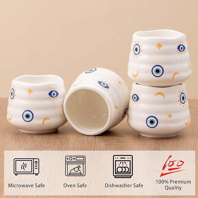 4pcs Japanese Tea Cup Set – Mini Size Cup 5OZ Ceramic Matcha Cup, Handless Espresso Cups, Cute Small Porcelain Coffee Mugs, for Coffee Tea Lovers, Dishwasher & Microwave Safe (Evil Eye)