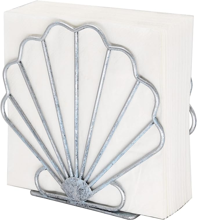 OwlGift Oceanic Napkin Holder, Nautical Themed Napkin Holder with Seashell Design, Beach Napkin Storage Organization Décor for Tabletop, Coastal Décor Centerpiece – Silver Blue