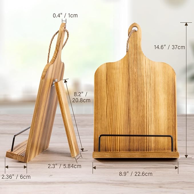 PUERSI Cook Book Stand for Kitchen Counter, Wooden Cookbook Holder, Adjustable Recipe Book Holder - Brown
