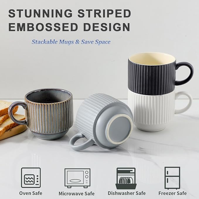 HASENSE Large Coffee Mug Set of 4 with Rack - 15 oz Stacking Ceramic Ribbed Latte Cups Set for Cappuccino, Tea, Hot Cocoa, Drinks - Dishwasher & Microwave Safe Assorted Colors
