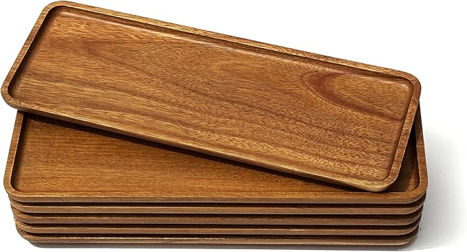 Small Wooden Mini Tray (11.3 x 4.1 inch) 6 Pack Rectangular | Tiny Tray for Serving Coffee Tables, Dessert, Snack, Fruit, Acacia Wood Platter for Vegetable, Decor Restaurant
