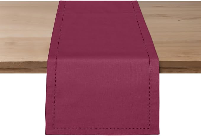 Ruvanti Linen Table Runner 108 Inches, Classic Hemstitch, Washable, Reusable, Non-Slipping, Stain Resistant- Perfect for Parties, Weddings, Dinners, Thanksgiving, Christmas, Indoor use – Burgundy