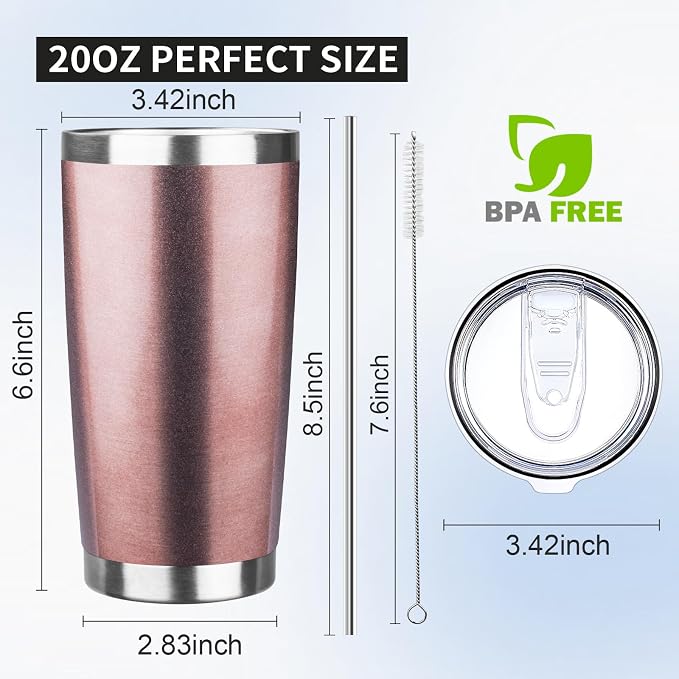 20oz Tumbler with Lid and Straw Double Wall Powder Coated Vacuum Insulated Coffee Tumbler Stainless Steel Insulated Travel Coffee Mug Spill-Proof Thermal Cup for Hot and Cold Beverage,Rose Gold