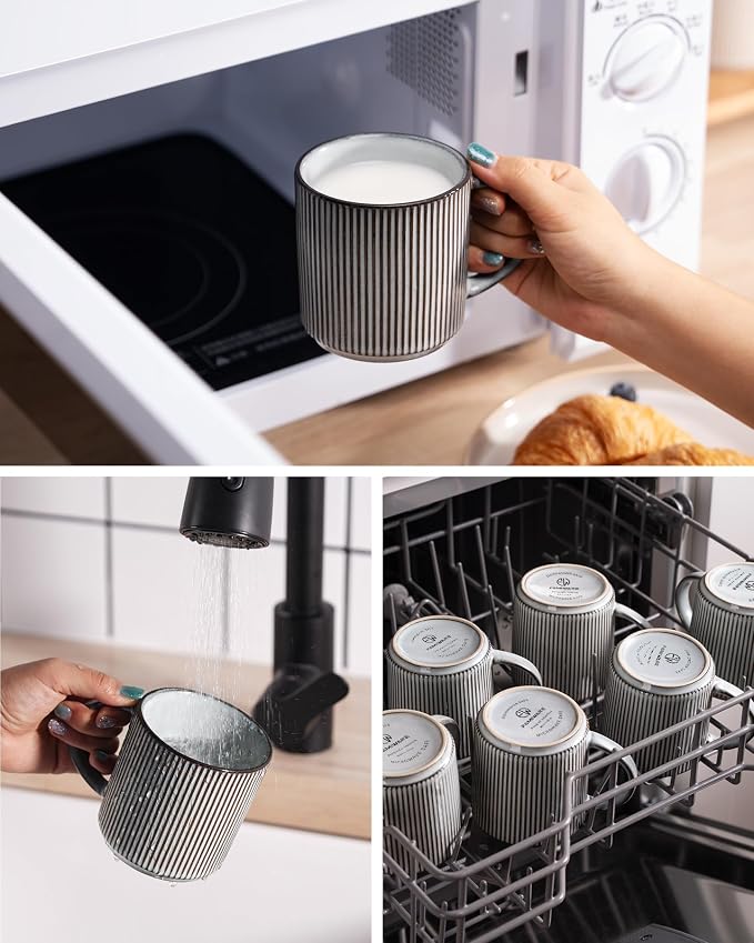 famiware Coffee Mug Set for 4, Star 12 oz Catering Mugs Cup Set with Handle for Coffee, Tea, Cocoa, Milk - Ceramic Stoneware Drinkware Set, Cappuccino White+Smoky Blue