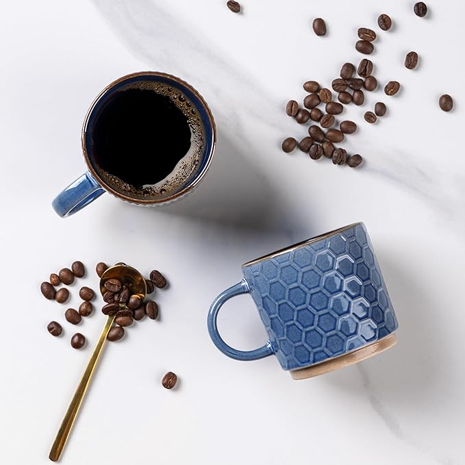 GBHOME 6 OZ Stackable Coffee Mugs, Ceramic Coffee Mugs with Texture Patterns for Man,Woman,Dad,Mom, Modern Coffee Cups Set of 4 for Espresso/Cappuccino/Cocoa. Dishwasher&Microwave Safe, Moonlight Blue