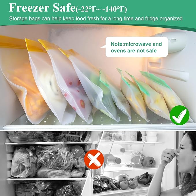 Silicone Storage Freezer Bags, 4 Reusable Sandwich Bags + 4 Reusable Snack Bags, Leakproof Food Storage Containers for Picnic, Work, Home Use