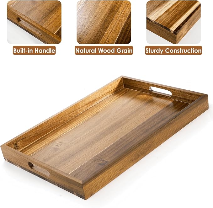YOUEON 2 Pack 17 x 12 Inch Acacia Wood Serving Tray with Handles, Large Wooden Tray for Ottoman, Breakfast in Bed, Dinner, Coffee Table, Perfect for Living Room, Bedroom & Kitchen