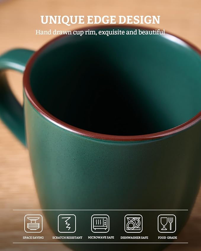 famiware Mercury Coffee Mugs 13 oz, Coffee Mugs Set of 4 with Handle, Cups for Latte, Hot Tea, Cappuccino, Mocha, Cocoa, Dark Green