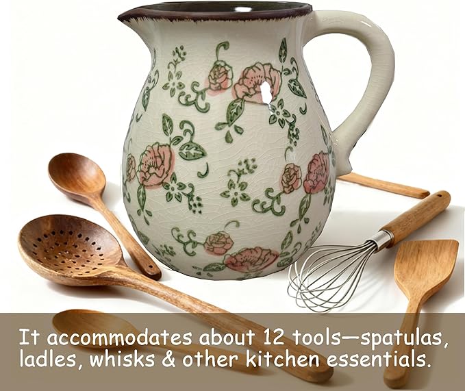 Ceramic Utensil Holder for Kitchen Counter, 6.1" Rustic Farmhouse Cooking Utensil Holder with Handle, Exquisite Chinoiserie Vintage Kitchen Utensil Organizer for Countertop Decor(Red flower)