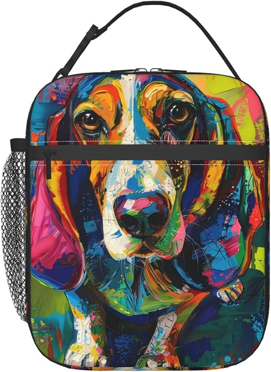 Reusable Basset Hound Lunch Box for Kids Girls Boys Women Adult, Insulated Cute Abstract Dog Lunch Bag,Polyester Cooler Handbags Case for School Picnic Work Travel Beach or Hiking