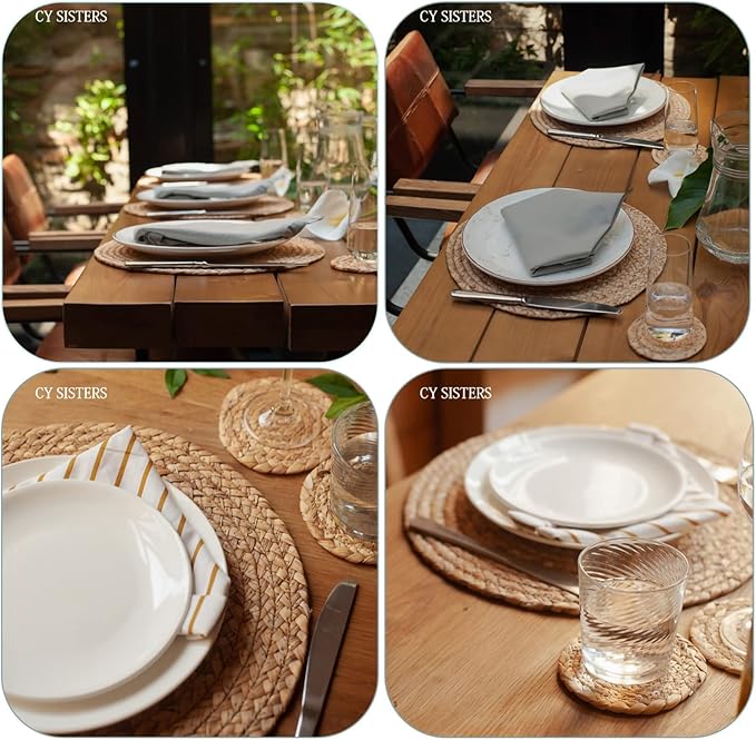 Round Placemats Set of 8 Natural Woven Rattan Placemats, Braided Boho Farmhouse Place Mats Heat Resistant Dining Table Mats Straw Placemat Wicker Outdoor Placemat for Patio Table 13.4''