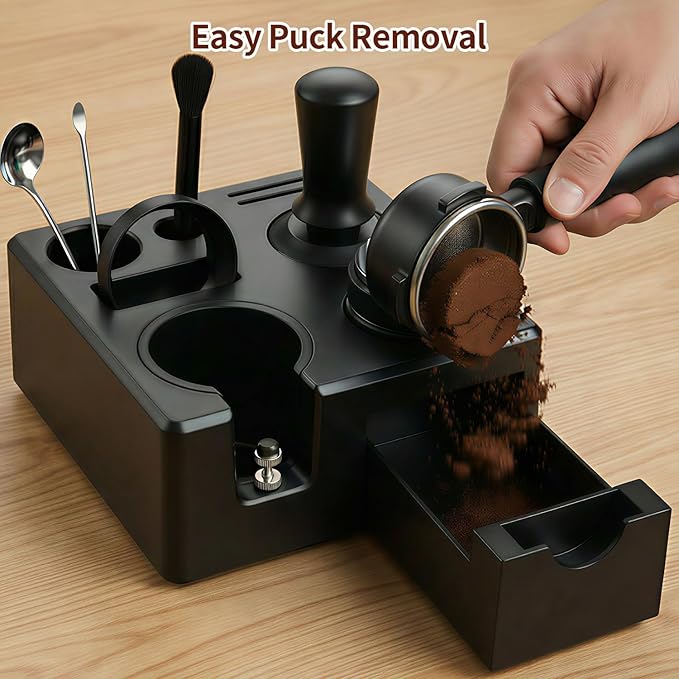 10PCS Espresso Accessories Kit - Espresso Knock Box and Tamping Station,Coffee Tamper,Distributor,WDT,Dosing Funnel,Puck Screen,Brush,Coffee Spoon,Latte Pen,16 Stencils Fits Breville 54mm Portafilter