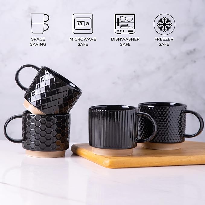 GBhome 8OZ Stackable Coffee Mugs, Ceramic Coffee Mugs with Texture Patterns for Man,Woman,Dad,Mom, Modern Coffee Cups Set of 4 for Espresso/Cappuccino/Cocoa. Dishwasher&Microwave Safe, Black