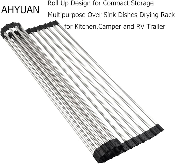 Ahyuan Roll up Dish Drying Rack Over The Sink Kitchen Roll up Sink Drying Rack Portable Dish Drainer Foldable Dish Drying Rack (Black, 20.5''X11.2'')