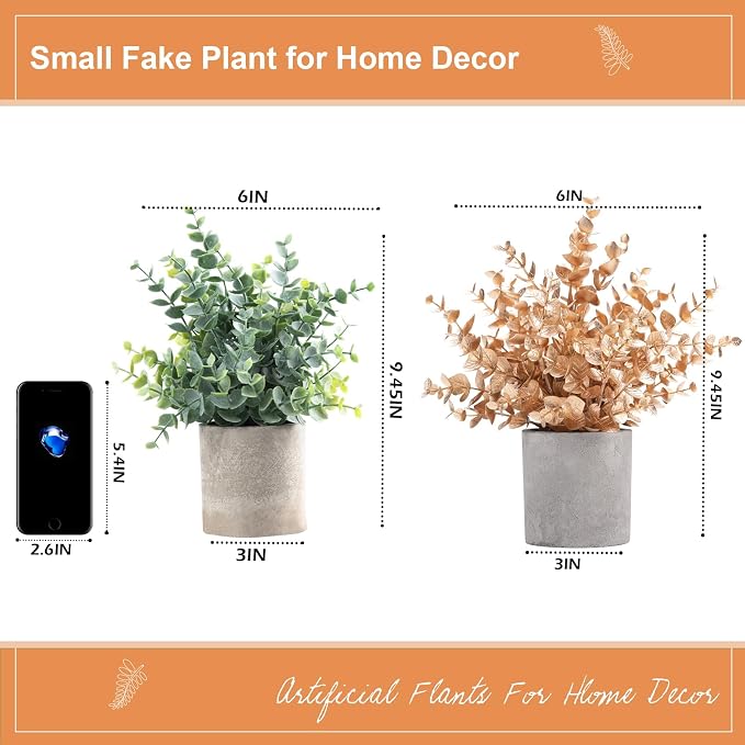 Coferset 2 Pack Gold Eucalyptus Small Fake Plants Potted Artificial Plants for Christmas Decorations Shelf Desk Home Farmhouse Room Coffee Table Bathroom Decor