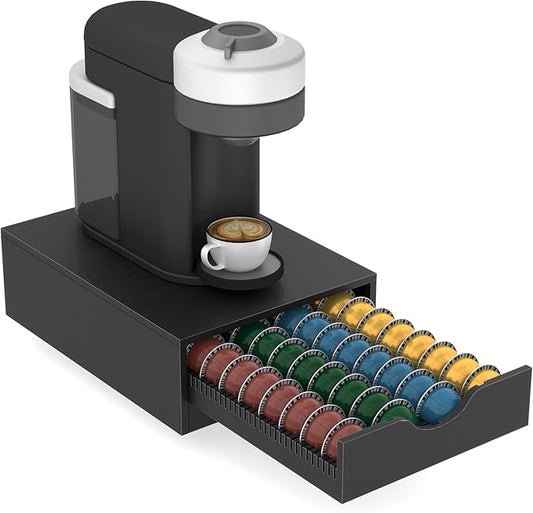 Suli Extra Large Coffee Pod Drawer Organizer,Coffee Pod Holder for Countertop, Coffee Capsule Storage Organizer Fits Under Coffee Makers,Storage Rack with Drawer, Holds 52 Pods,Wood,Black