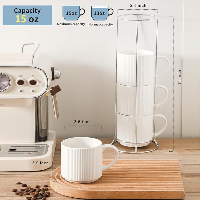 HASENSE 15oz Coffee mugs Set of 4, Ceramic Stackable Coffee Mug with Stainless Steel Rack, Porcelain Coffee Cups with Handle for Latte,Cocoa, Cold & Hot - Easy to Take Out - Vertical Striped,White