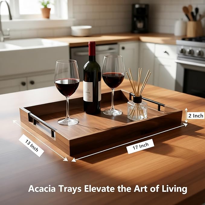 Acacia Wood Serving Tray, 17x13in Ottoman Tray with Metal Handles, Decorative Tray for Coffee Table, Rustic Wooden Breakfast & Drink Tray for Breakfast, Dinner & Bar, Storage Tray for Kitchen