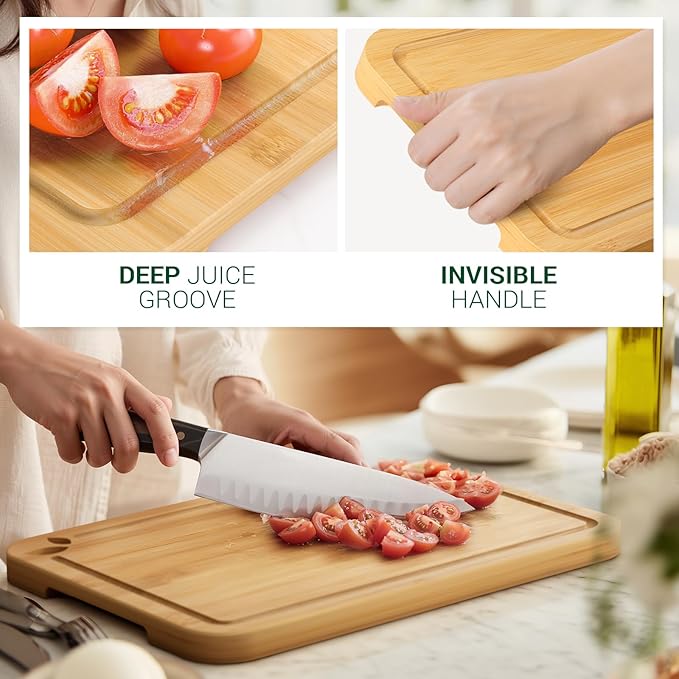 11 x 7.5 inch Bamboo Cutting Boards for Kitchen with Silicone Mat, Lightweight & Knife-Friendly Wood Cutting Board Set with Side Handles and Juice Grooves, Natural