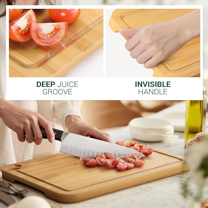 Bamboo Cutting Boards for Kitchen with Holder & Silicone Mat, Lightweight & Knife-Friendly Wood Cutting Board Set with Side Handles and Juice Grooves, Natural