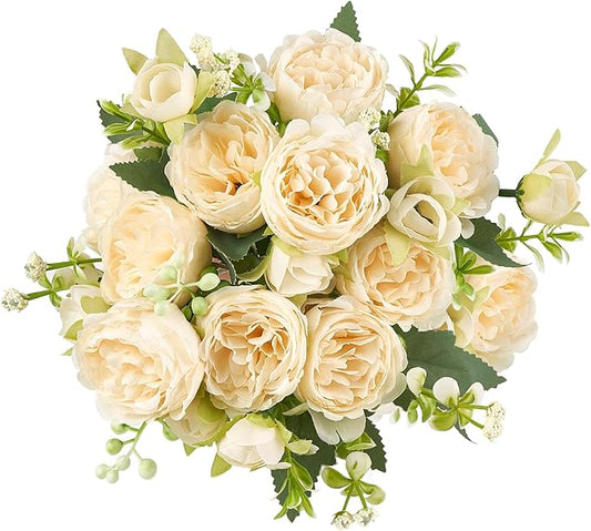 Mkono Peonies Artificial Flowers, Small Silk Flowers for Home Decor Indoor Fake Bouquet Faux Floral Arrangements Dining Table Centerpieces for Kitchen Party Decor Champagne