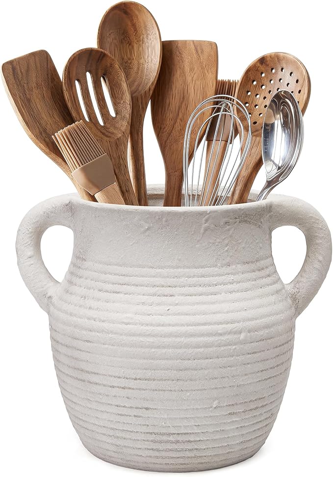 Rustic Utensil Holder for Kitchen Counter - Large Ceramic Farmhouse Cooking Utensil Crock & Organizer for Spatula, Spoon - Vintage Kitchen Decor (Ivory)