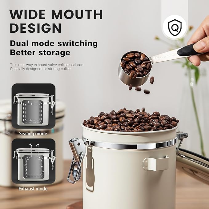 Airtight Coffee Container with Date Tracker & Spoon - Kitchen Storage Jar for Coffee Grounds, Cereal, Beans, Sugar (Black, 24OZ)