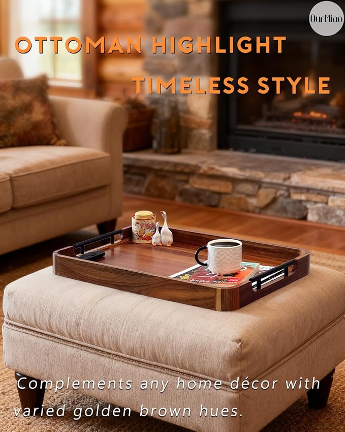 22" Acacia Wood Ottoman Serving Tray with Metal Handles & Rounded Corners | Large Rectangular Decorative Wooden Tray for Living Room Kitchen Coffee Table Couch Bed