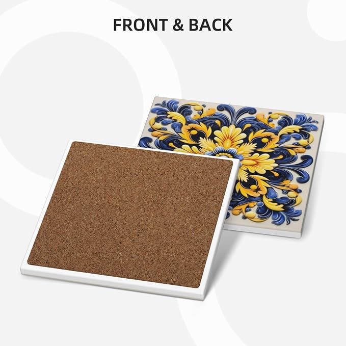 Coaster for Drinks Set of 6, Blue Vintage Spanish Ceramic Floral Absorbent Round Ceramic Stone Mat, with Cork Base and Metal Holder, Gift for Housewarming Room Bar Decor (Ornate Mosaic Tile-5)