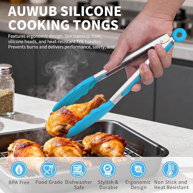 Salad Tongs, 16 Inch Silicone Food Tongs with 304 Stainless Steel Core & Non-Slip Grip in Blue Color