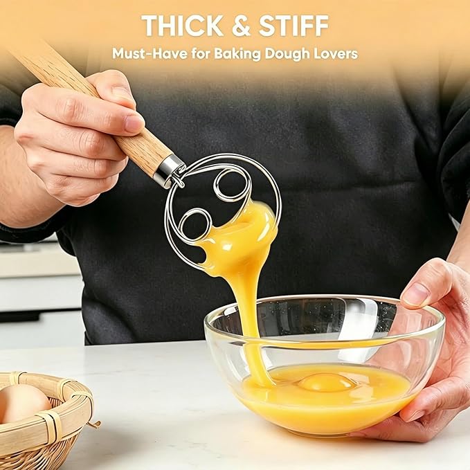 Maxjoy Danish Dough Whisk Stainless Steel Wooden Handle for Sourdough Bread Baking