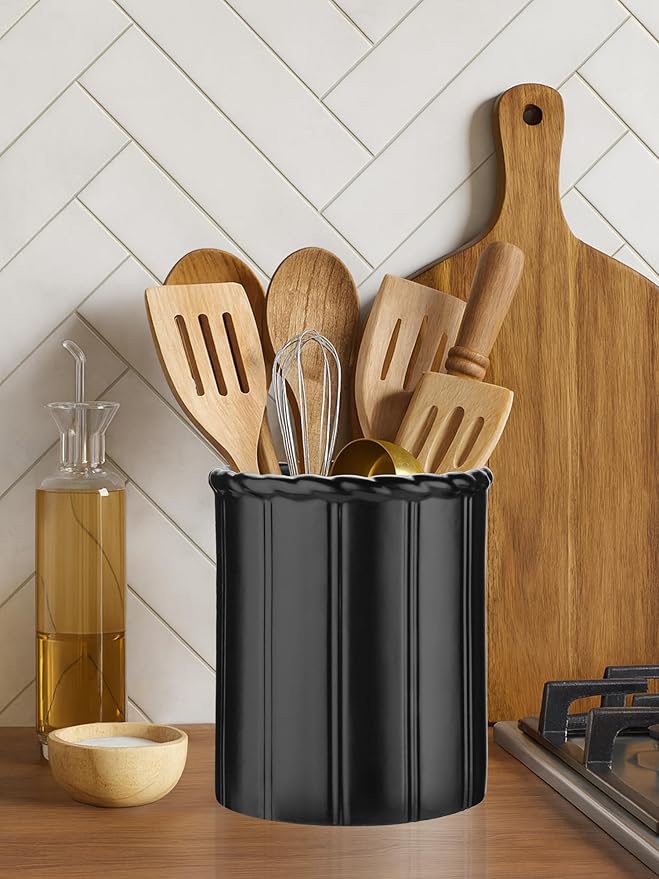 Ceramic Utensil Holder for Kitchen Counter, 6.3” Modern Kitchen Utensil Holder with Cork Bottom for Countertop, Cooking Tool Organizer for Spatula, Matte Black