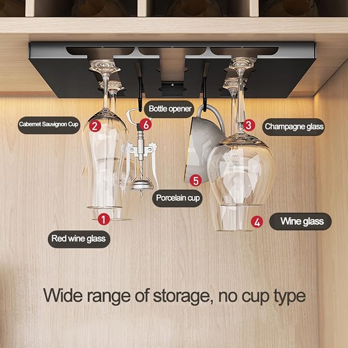 V3VOGUE Hanging Wine Glasses Holder Under Cabinet, 2/3/4/5/6 Rows Black Metal Wine Glasses Hanger, Glass Storage Rack Organiser for Cupboard Kitchen Bar (Size : 2 Row)
