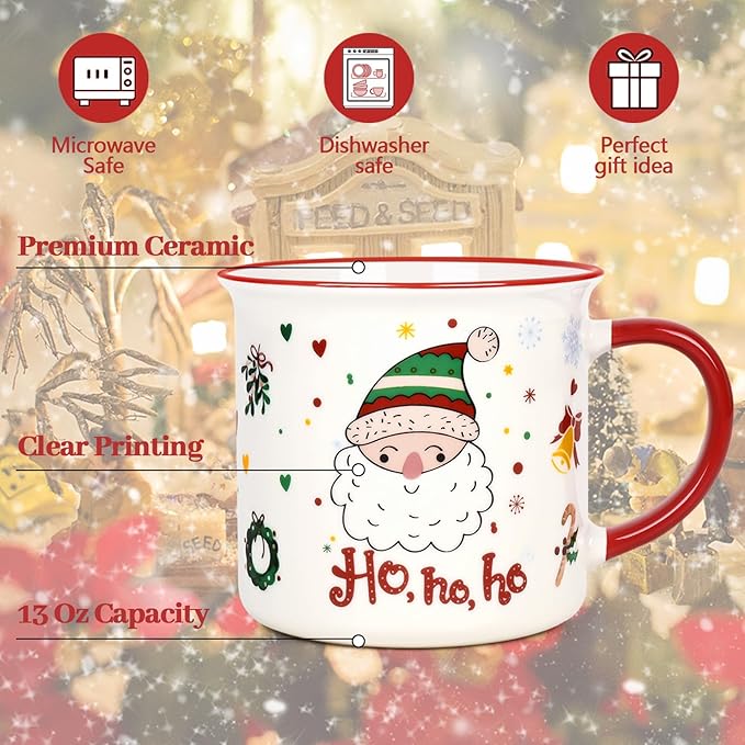 YHRJWN Christmas Mugs Set of 4, Festive Design Coffee Mugs with Santa Snowman Reindeer, Holiday Mugs for Hot Cocoa, Gifts for Family Friends, Holiday Decor, 13 Oz