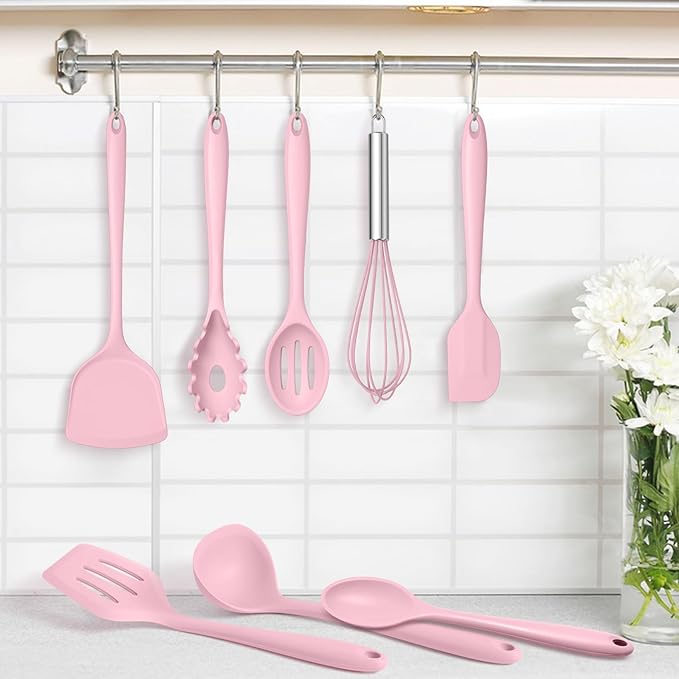 TeamFar 8 PCS Silicone Cooking Utensils - 446°F Heat Resistant Kitchen Silicon Utensils Set, Turner, Spatula, Spoon, Whisk, Kitchen Cooking Gadgets Tools for Nonstick Cookware, Dishwasher Safe-Pink