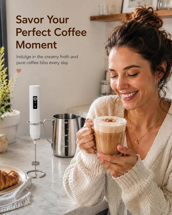 Electric Coffee Frother Handheld, USB Rechargeable Coffee Mixer Wand with Stand and 350ml Milk Frother Cup, Whisk Set for Latte Art, Cappuccino, Espresso