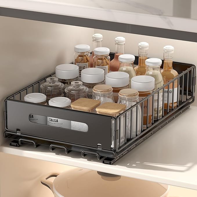 PureBox Pull Out Cabinet Organizer, Slide Out drawers for cabinets, Heavy Duty Carbon Steel Roll Out Shelves for kitchen, bathroom, pantry (14.7’’-23.1’’ Slide, Adhesive & Screw), 1 Pack, Black