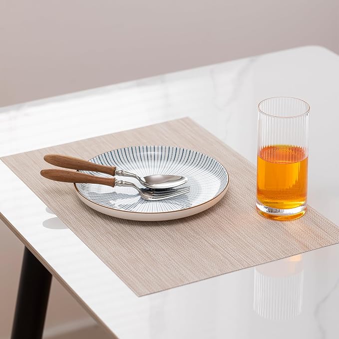 LEXMORE PlaceMats Set of 12 Vinyl/Plastic Woven Place Mats for Kitchen Table Indoor/Outdoor Washable PlaceMat Wipeable Dining Table Mats(Beige)