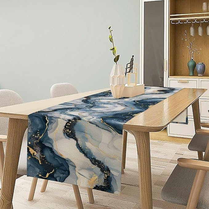 Marble Table Runner, Abstract Gold and Blue Black Modern Luxury Texture Pattern Printed Linen Table Runners for Kitchen Living Room Farmhouse Dining Room Party Home Decor 13" W x 72" L