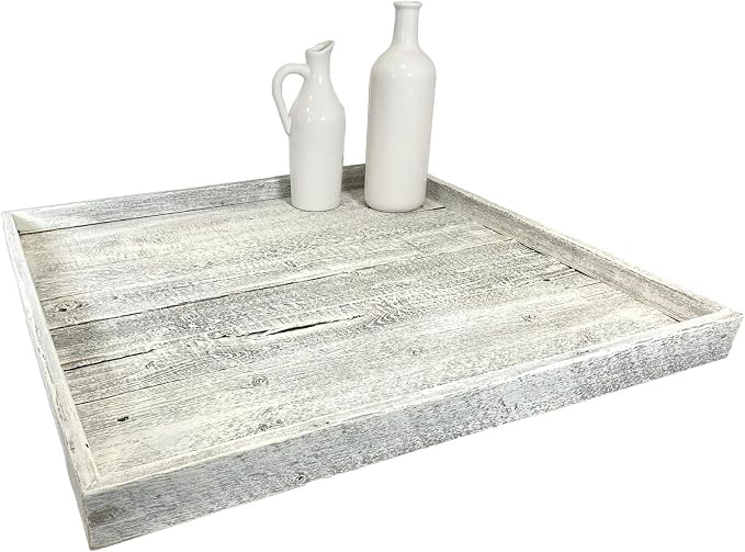 Wooden Ottoman Tray with Felt Pad – Decorative Couch Serving Tray Made with Real Rustic Reclaimed Wood - Perfect for Living Room Ottomans, Sofas, & Coffee Tables -24" x 24"- White Wash